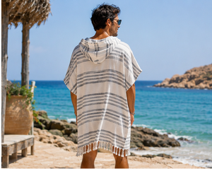 Commercial Beach Hooded Poncho Towel Wholesale Turkish Cotton Striped Fringed Changing Towel Robe For Surf Beach - Product Image 1