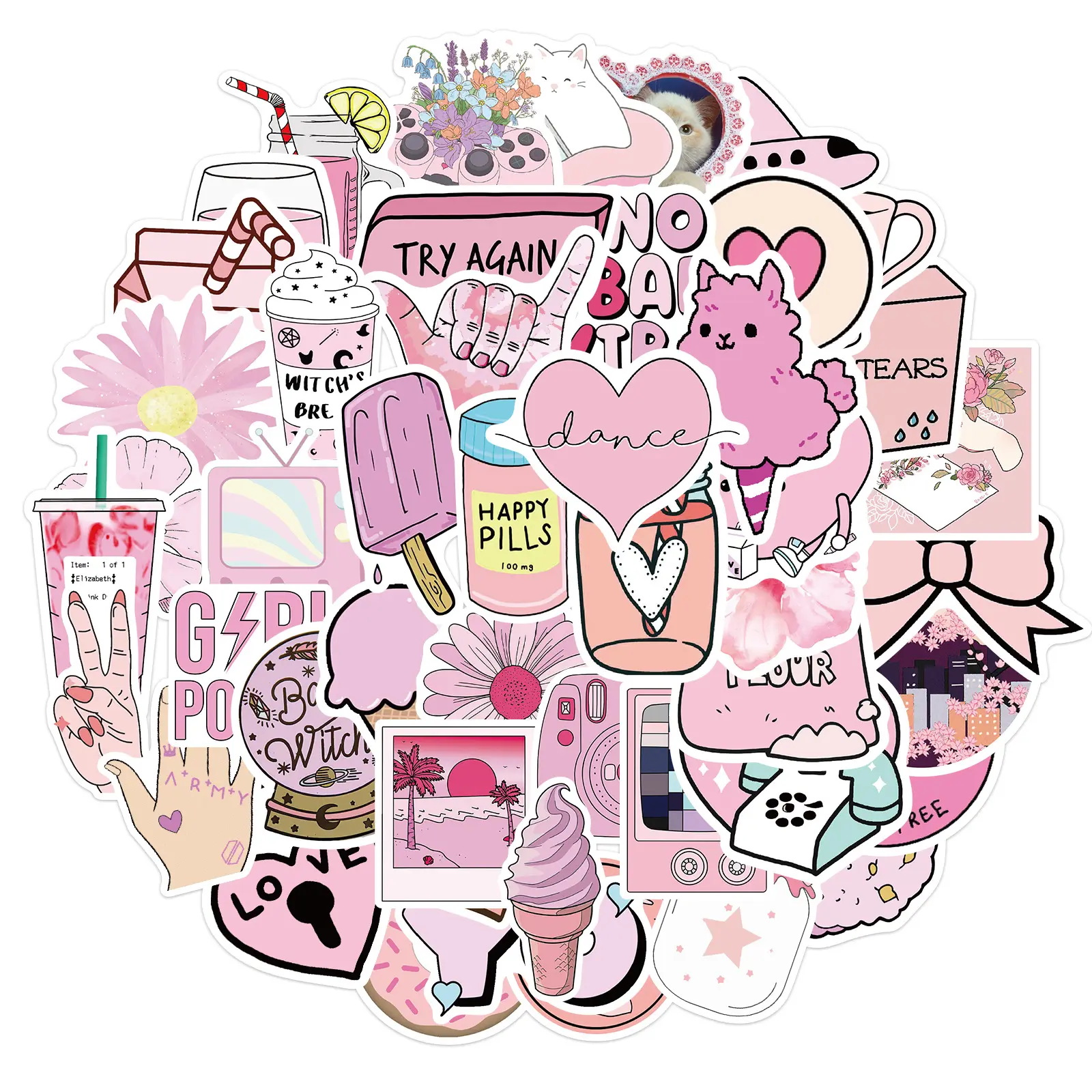 Cartoon Pink lovely 50pcs Waterproof sticker home decoration self adhesive wall sticker