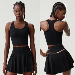Conjunto Deportivo de Secado Rápido de Cintura Alta para Mujer, Top Corto con Cuello en U y Falda/Pantalones Cortos/Vestido de Tenis de Poliéster Elástico, Personalizable - Product Image 3
