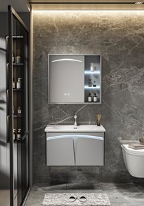 Set Moderno di Mobile <span class=keywords><strong>Bagno</strong></span> Grigio con Specchio Intelligente, Armadietto in Legno Massello Montato <span class=keywords><strong>a</strong></span> Parete con <span class=keywords><strong>Lavabo</strong></span> in Ceramica per Casa e Hotel - Product Image 4