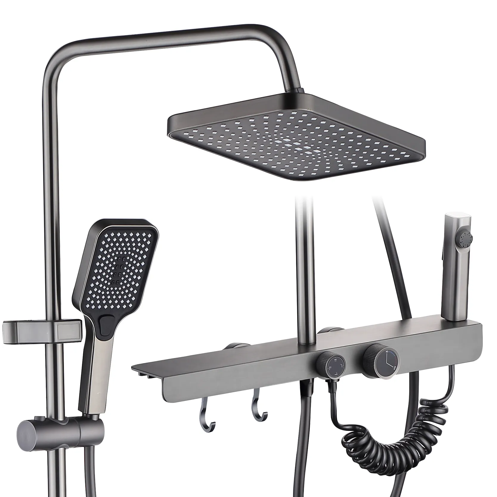 Gun-grey shelf Rainfall wall mounted Brass thermostatic shower mixer set with square shower head Shower set
