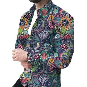 Atacado OEM Alta Qualidade Casual Poliéster Ouro Manga Longa Tecido Paisley Camisas para Homens