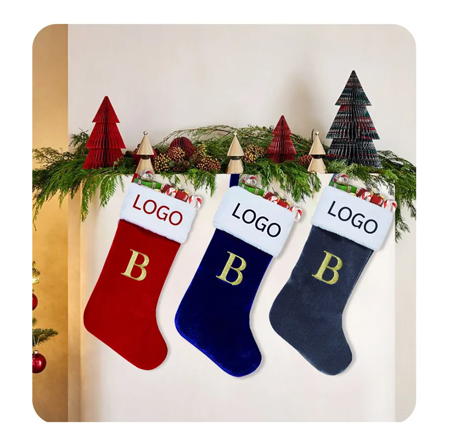 Meias personalizadas de Natal meias de veludo grossas brilhantes meias de Natal vermelhas tamanho grande 18" para bordado