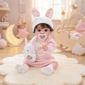 Bambola Reborn in Vinile da 20 Pollici con Orecchie da Coniglio, Set Maglione <span class=keywords><strong>Rosa</strong></span> Lavorato a Maglia, Bambola Neonato Peluche per Giochi di Ruolo - Product Image 1