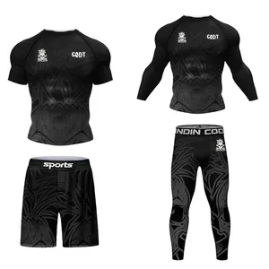 批发4合1 MMA Rashguard定制设计ufc柔术训练套装男士活动田径套装黑色涤纶运动服