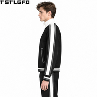 Veste de survêtement homme OEM/ODM à surpiqûres contrastées, col montant noir et blanc, manches à rayures brodées, style streetwear Y2K, vente en gros