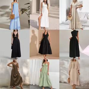 Robe longue trapèze en jean personnalisée de haute qualité pour femme, col en V uni, vert, style décontracté élégant, buste froncé, taille élastique, été - Product Image 3