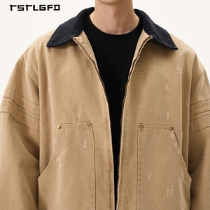 High Quality Khaki Utility Jacket Round Collar Wooden <b>Button</b> Front Two Patch Pockets Hem Drawstring Oversized Fit Jacket - Product Image 5