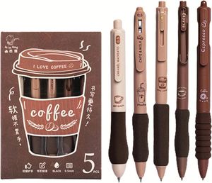 Bolígrafos retráctiles de gel con diseño de café, 5 unidades, con diferentes puntas, tinta de secado rápido, escritura suave, ideales para la escuela y la oficina - Product Image 1