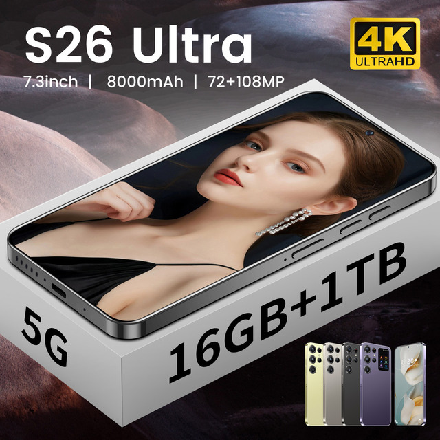 S26 Ultra Smart Android 14 5G LTE Cell Phone with 8000MAH 16GB+1TB Memory Dual Core CPU 108MP HD Display