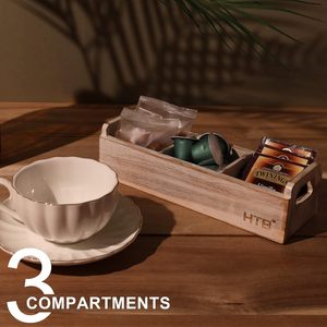 Caja de almacenamiento de madera con 3 compartimentos para bolsas de té y café, organizador de escritorio, color madera quemada, capacidad de 8L - Product Image 1