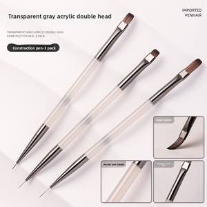 Ensemble de 3 pinceaux à ongles double embout style japonais, manche acrylique gris transparent, poils en nylon, pour gel UV, dessin, salon et usage domestique - Product Image 4