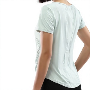 T-shirt de yoga pour femme, col en V, froncé sur les côtés, léger, coupe ample, manches courtes, pour l'entraînement, grandes tailles, Pilates, vêtements de sport, OEM ODM - Product Image 4