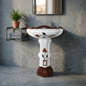 Modern Round Ceramic Wash Basin With <b>Full</b> Pedestal Faucet Compatible Water Resistant Bathroom Sink - Product Image 3