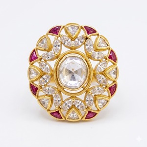 925 Silver Kundan Finger <b>Ring</b> with Ruby Stone <b>Gold</b> Finish Traditional Adjustable Jewelry for Women Party - Product Image 1