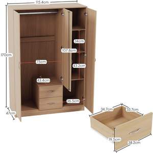 خزانة ملابس خشبية حديثة مع مرآة ورف وقضيب تعليق، أثاث تخزين لغرفة النوم بثلاثة أبواب بلون الصنوبر - Product Image 3
