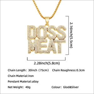 도매 금도금 아이스 아웃 라인스톤 보스 미트 레터 펜던트 목걸이 힙합 합금 남성용 주얼리 - Product Image 2