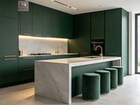 Meubles de cuisine îlot en marbre vert de luxe léger, design moderne, ensemble complet en bois massif avec évier