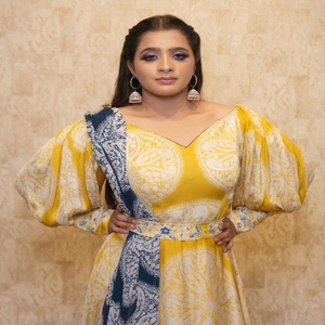 Robe longue bohème jaune à imprimé cachemire, col en V, manches bouffantes, style ample à nouer, coupe trapèze avec ceinture, idéale pour l'été - Product Image 1