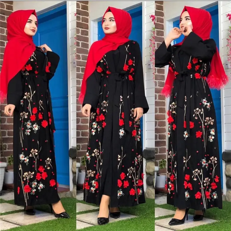 Abaya Terbuka Depan Wanita Muslim, Abaya Elegan Sederhana dengan Bunga 3D