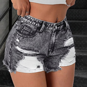 Shorts en jean ultra-courts pour femme, couleur unie, taille mi-haute, délavés, déchirés et effilochés, style streetwear polyvalent et sexy, tendance mode estivale - Product Image 1