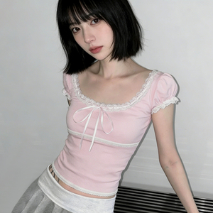 Women's Pink Lace Trim Coquette Top, Ribbon Bow Short Sleeve Slim Fit Y2K Tee, Cute Summer Casual Blouse - Product Image 4