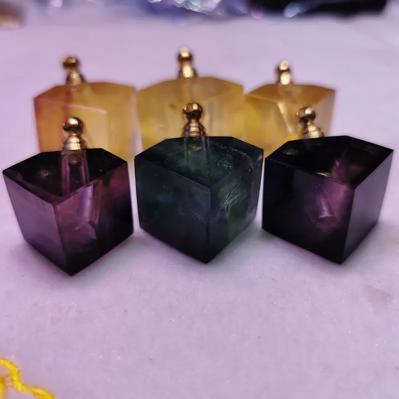 Hand Carved Crystal Perfume Bottle Green Fluorite Cube Essential Oil Bottle for Necklace Pendant