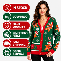 Cardigan de Noël en stock – Pull tricoté chaud pour femme, col en V, fermeture boutonnée, idéal pour l'automne, l'hiver et les fêtes de Noël (motif pain d'épices)
