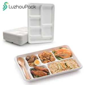 LuzhouPack Biologisch abbaubare Bagasse 6-Fach-Rechteck-Lebensmittelschalen für die Hochzeit Zuckerrohr-Zellstoff-Mittags tablett