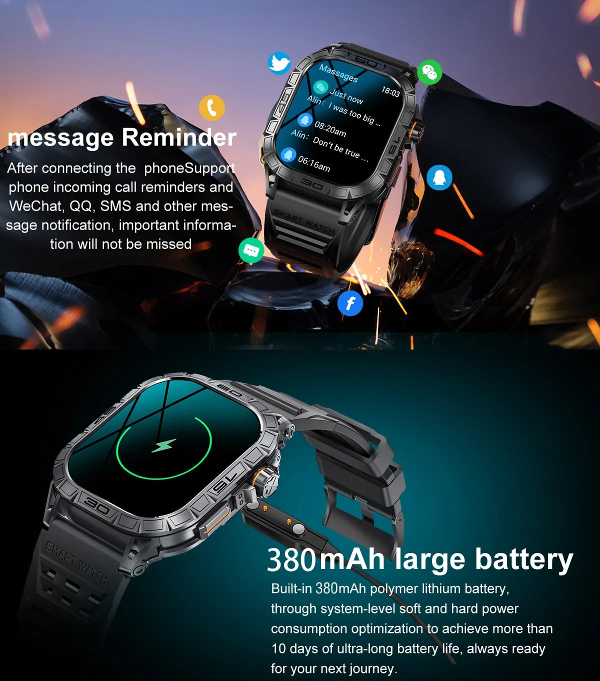 1.96'' AMOLED Big Screen K63 BT Calling 380mah Large Capacity Battery Runged Outdoor Tactical sports Smartwatch for Men