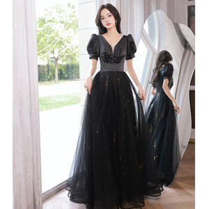 Women's Black Evening Gown V Neck Ball Gown Taffeta Fabric Natural Waistline Zipper Closure Elegant Long Dress For Banquets - Product Image 3