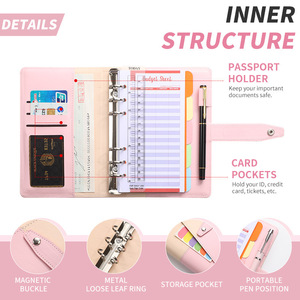 Carnet en cuir PU avec reliure à 6 <span class=keywords><strong>anneaux</strong></span> et fermeture éclair, personnalisable, format A6, pour planificateur budgétaire, journal, portefeuille et agenda - Product Image 4