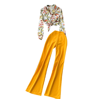 Ensemble décontracté pour femmes, chemise à manches longues imprimée à nouer devant et pantalon évasé taille haute pour le printemps et l'été