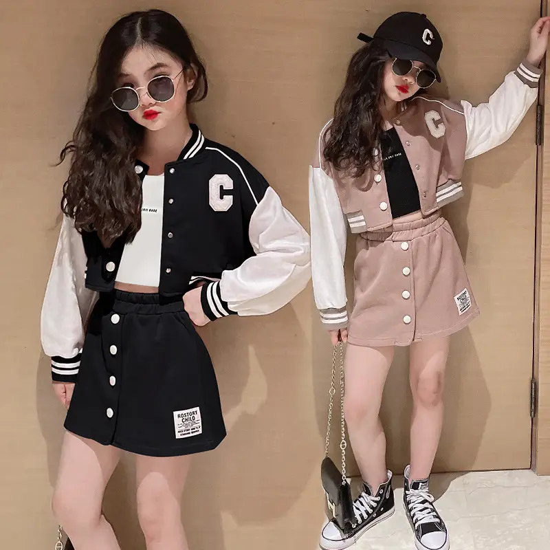 Hot Koop Meisjes Casual Kleding Korte Rokken Voor Meisjes Meisje Tweedelige Sets Koreaanse Stijl Baseball Uniform