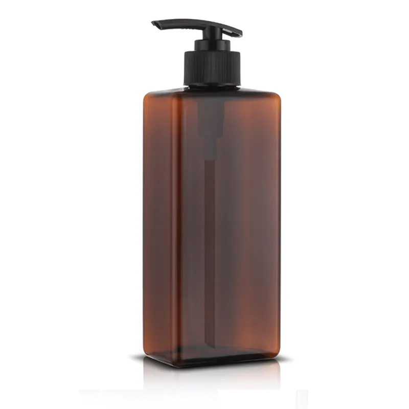 In stock new style plastic PET flat square 400ml bottle 13.3OZ amber PET shampoo bottle with pump