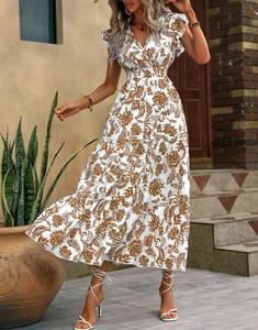 Vestido Casual de Verano para Mujer, Diseño Floral, Tejido de Alta Gama, Ecológico, con Mangas con Volantes, Corte en A, Cuello en V y Cintura Ajustada - Product Image 3