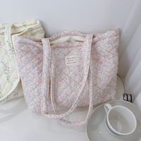 Tas Tote Bunga Berbahan Katun Empuk Jahitan Quilted Logo Kustom Grosir Tas Selempang Wanita Sehari-hari Motif Bunga dengan Ritsleting