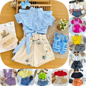 Trẻ Em Của Mùa Hè 2Pcs Cô Gái Của Hoa Bông Vải T-Shirts Và Quần Short Giản Dị Giải Trí Phong Cách Cửa Hàng Bán Buôn Tính Năng - Product Image 1