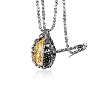 Collar con Colgante Grande de Acero Inoxidable, Diseño Religioso, Mitad Buda, Mitad Demonio - Product Image 5