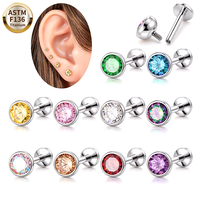 Hengsen ASTM F136 Titane plaqué platine/or, clou d'oreille à dos plat avec zircon, 16G, filetage interne, pour lobe d'oreille, hélix, mariage