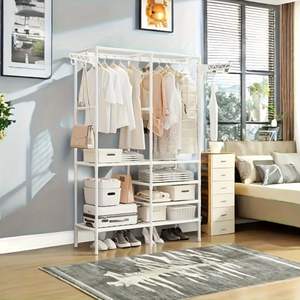 Db Portable <b>Wardrobe</b> Storage <b>Organizer</b> 6 Shelves 2 Rods Detachable Metal Closet Rack Bedroom Minimalist Design - Product Image 3