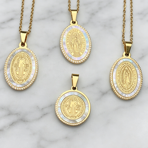 Collier religieux en acier inoxydable avec médaille en nacre, Vierge Marie de Guadalupe, Saint Benoît, médaille miraculeuse - Product Image 1
