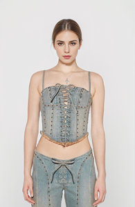 2024 LOGO personalizzato lavato con acido in Denim <span class=keywords><strong>canottiera</strong></span> reggiseno allacciato salice Top da donna a lisca di pesce - Product Image 2