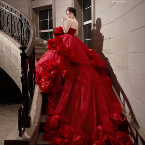 Red Strapless Ball Gown Wedding Dress Princess Waistline Long Train Floral Print For Indoor Studio Couple Photoshoot - Product Image 2