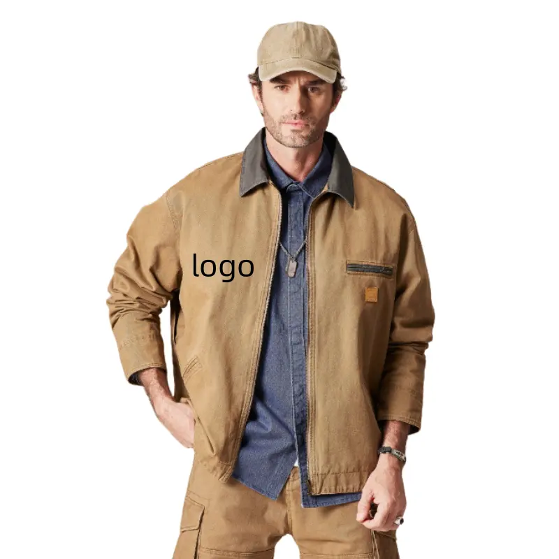 wholesale custom 100% cotton thick twill vintage look jacket men regular fit stand collar american fashion cargo jacket for men