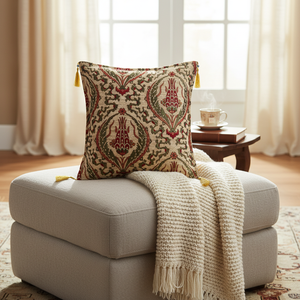<b>Big</b> Cream Tulip Designed Ottoman - Turkish Chenille Fabric <b>Cushion</b> Cover Pillow - Product Image 3