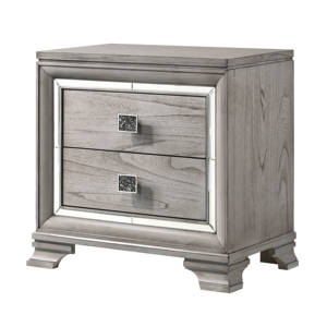Contemporary Light Gray Brown 2 Drawer Nightstand <b>Mirrored</b> Accents Solid Wood Storage End <b>Table</b> - Product Image 1