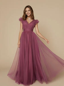 Abito da Damigella d'Onore LY-BD0023 <span class=keywords><strong>per</strong></span> <span class=keywords><strong>Matrimonio</strong></span>, Elegante Classico in Tulle con Scollo a V Senza Maniche, Lunghezza a Terra, Multicolore, Taglia Personalizzabile - Product Image 1