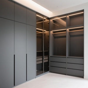 Dressing moderne autoportant écologique avec grandes portes vitrées, finition gris foncé mat, poignées dissimulées, sur mesure pour hôtel - Product Image 1