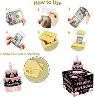 Boîte surprise d'anniversaire carrée avec tirage de billets, kit de tirage de billets en forme de gâteau en carton, cartes et instructions (Noir Rose)
